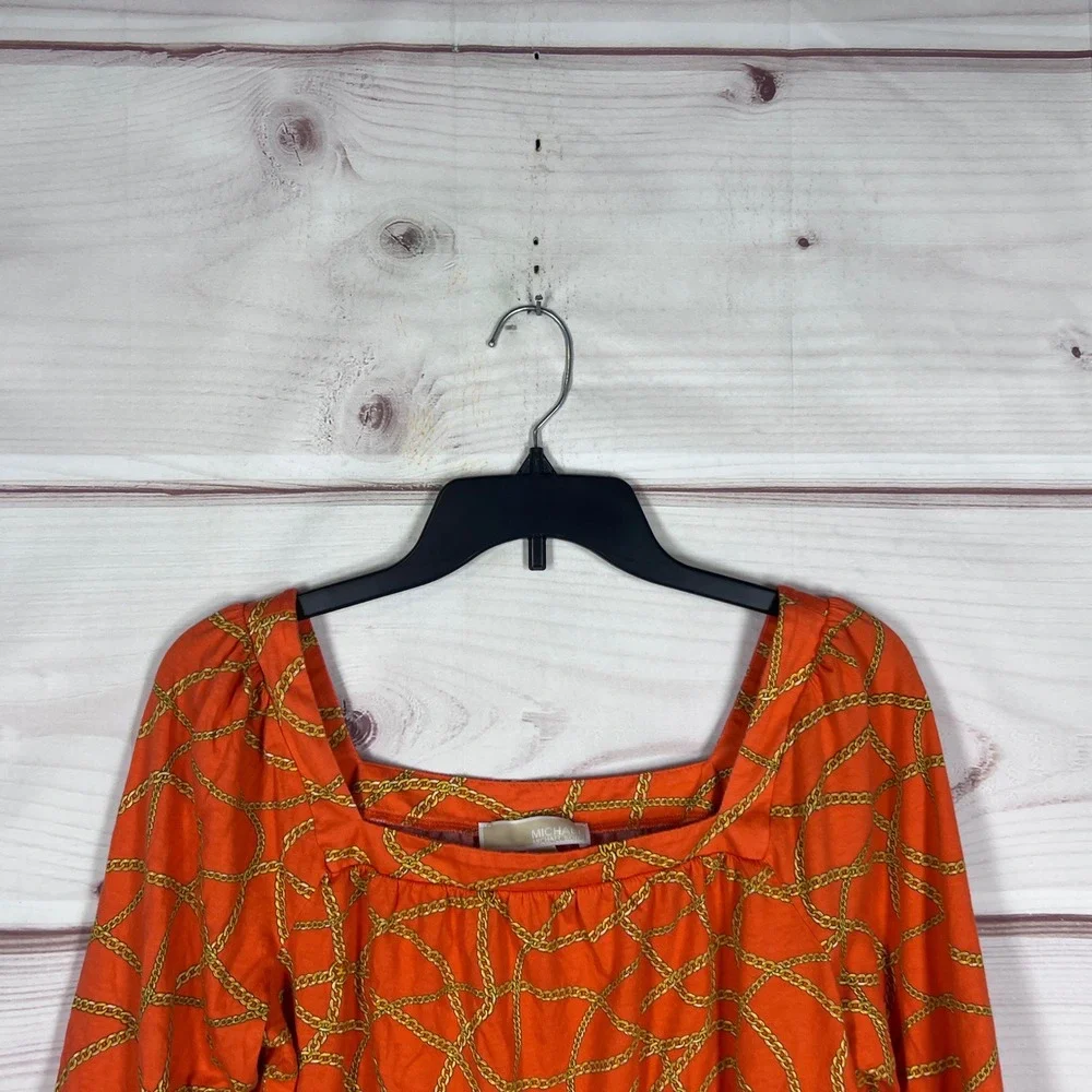 Michael Kors Chain Print Top Womens Small Orange Geometric Ruffle Sleeve Blouse